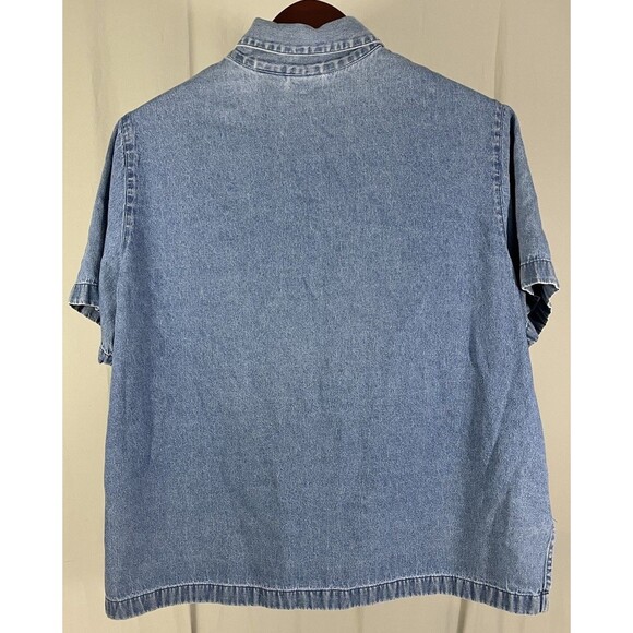 VTG BLAIR Denim Embroidered Floral Dragonfly Short Sleeve Button Up Shirt XL - Picture 2 of 8